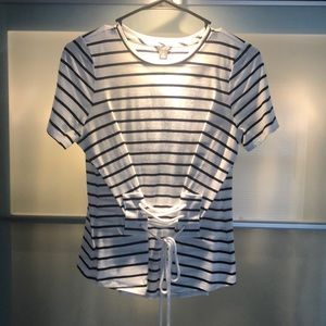Navy blue and white striped cotton shirt